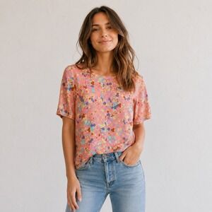 LOGO Layers Womens Floral Top Tee Sz Small Peach Orange Short Sleeve Crew Neck